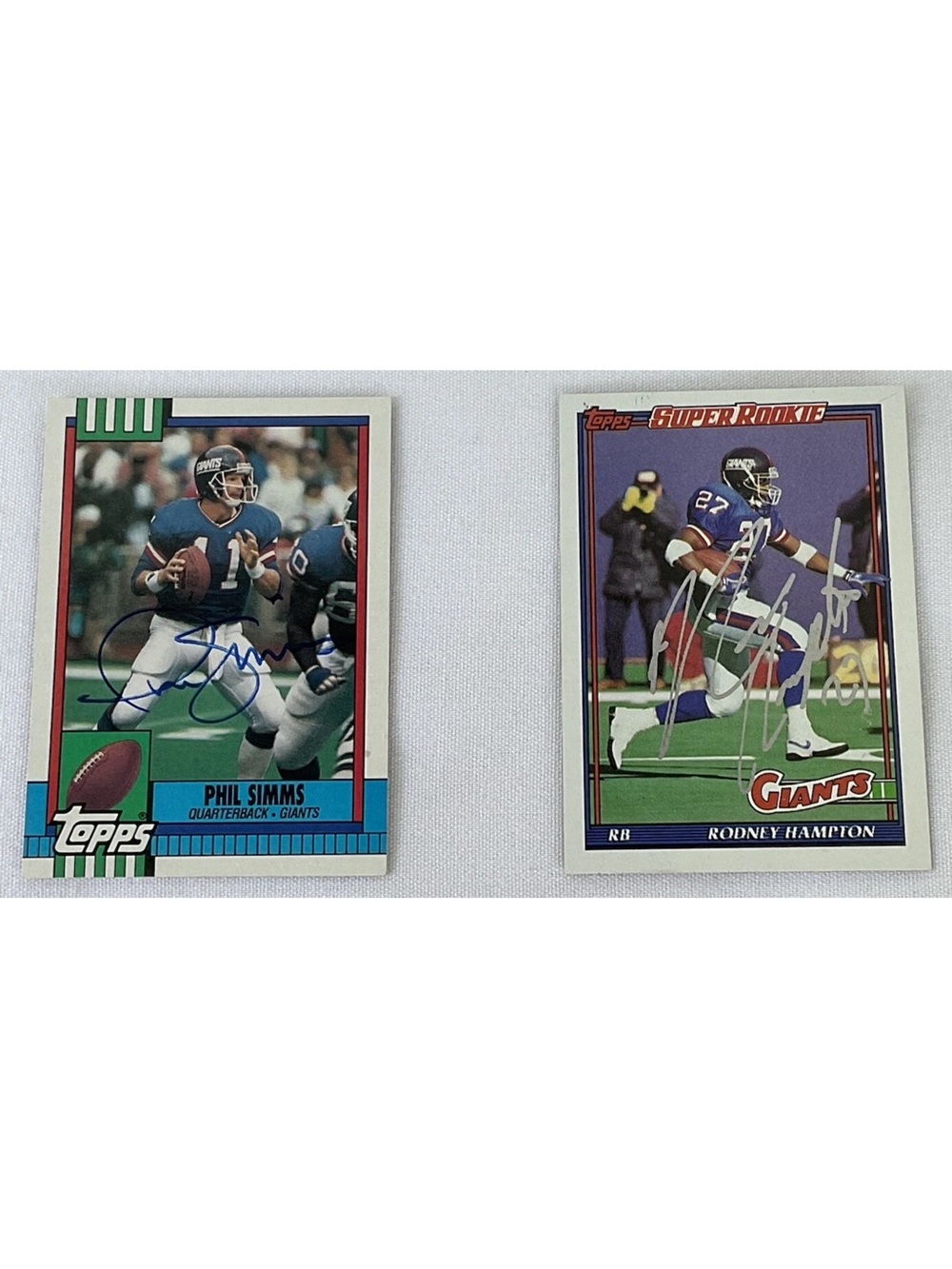 New York Giants Phil Simms/Rodney Hampton Autographed Football Cards NO COA !!!